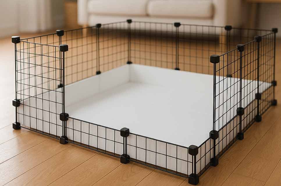 stock photo of a guinea pig cage being assembled with C&C grids and Coroplast sheet base