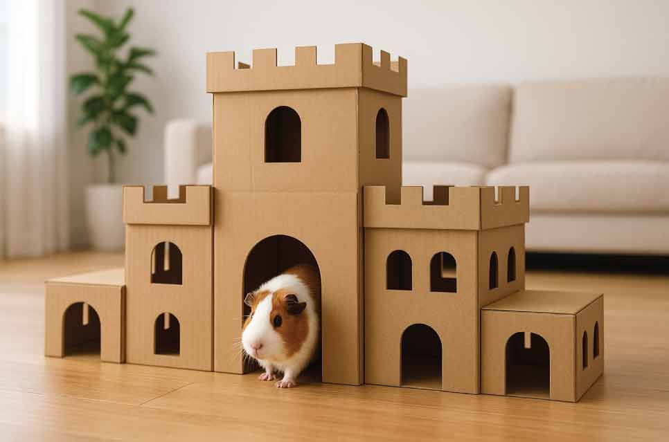 stock photo of a guinea pig cardboard castle built from boxes, with windows and tunnels cut out