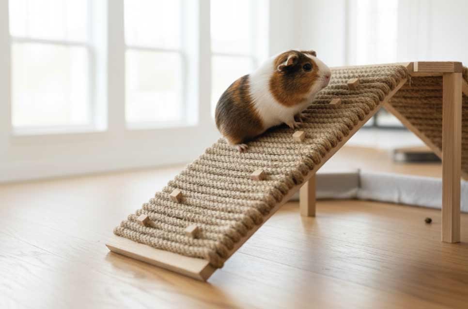 photo of a guinea pig climbing a non-slip ramp wrapped with rope inside its cage