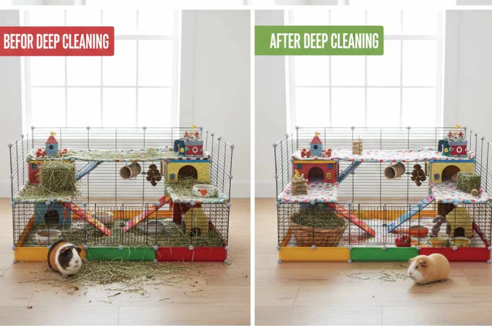 stock photo of guinea pig cage before deep cleaning (messy) vs after deep cleaning (fresh bedding, tidy).