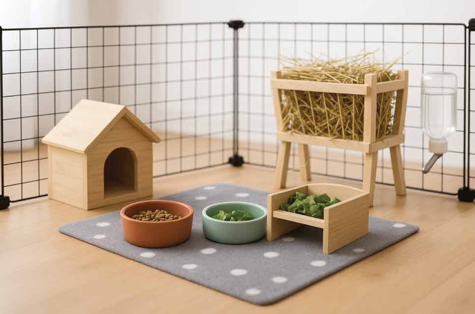 stock photo of guinea pig dining area inside cage with ceramic bowls and hay rack, staged like a dining room