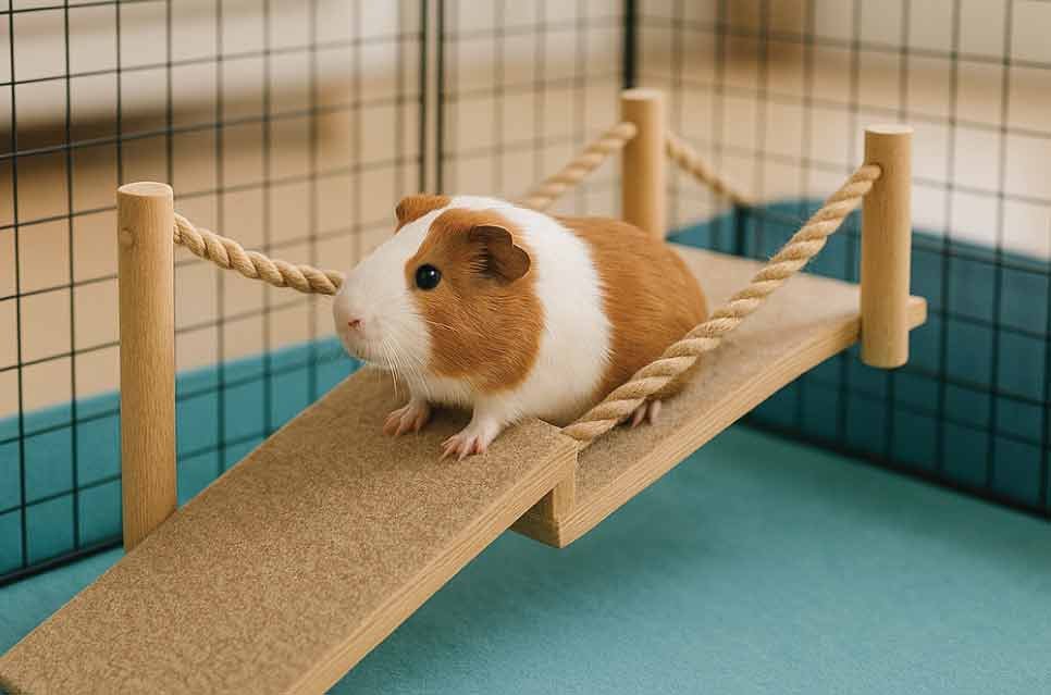 photo of a wooden guinea pig walkway with rope guardrails elevated safely inside cage