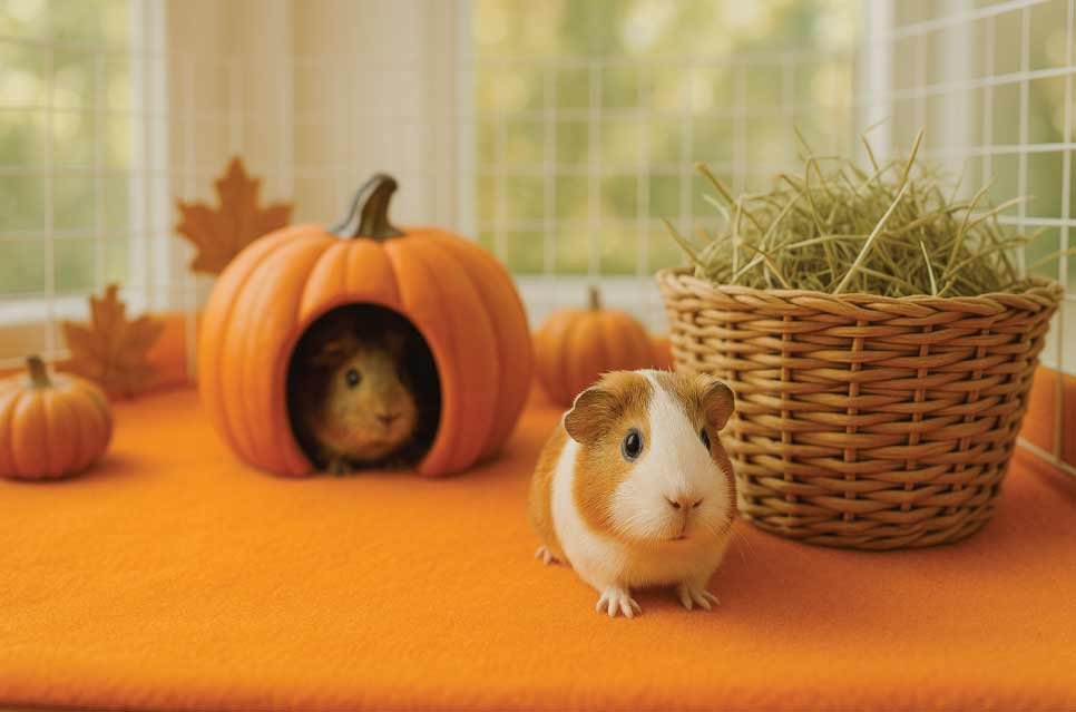 stock photo of guinea pig cage decorated with autumn theme: orange fleece, pumpkin hideout, woven basket with hay