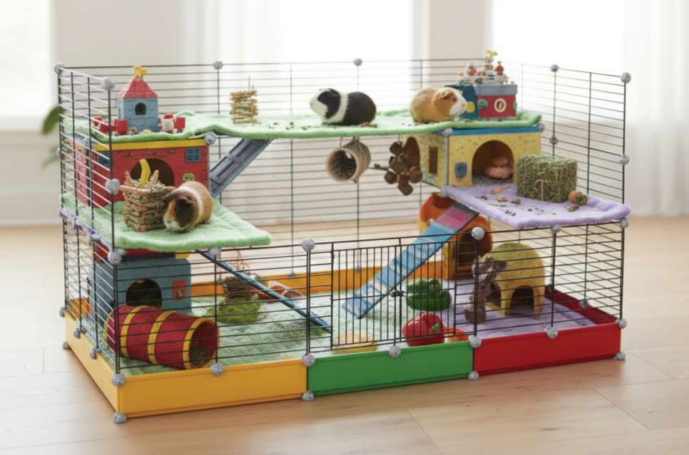 photo of a completed multi-level guinea pig cage mansion with ramps and hideouts, guinea pigs exploring happily