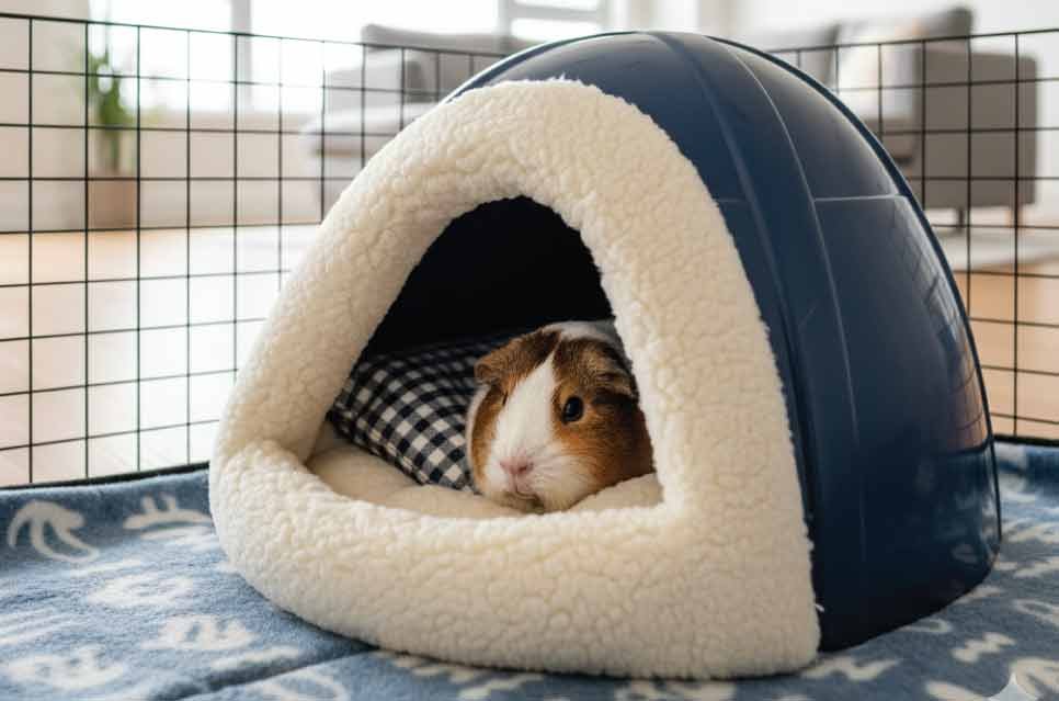 photo of a guinea pig igloo lined with soft fleece bedding in a quiet cozy corner of cage