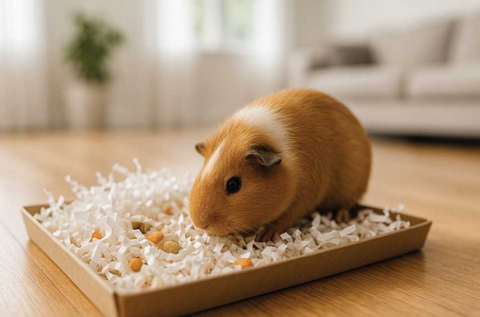 photo of a guinea pig digging through a shallow foraging tray filled with shredded paper and treats