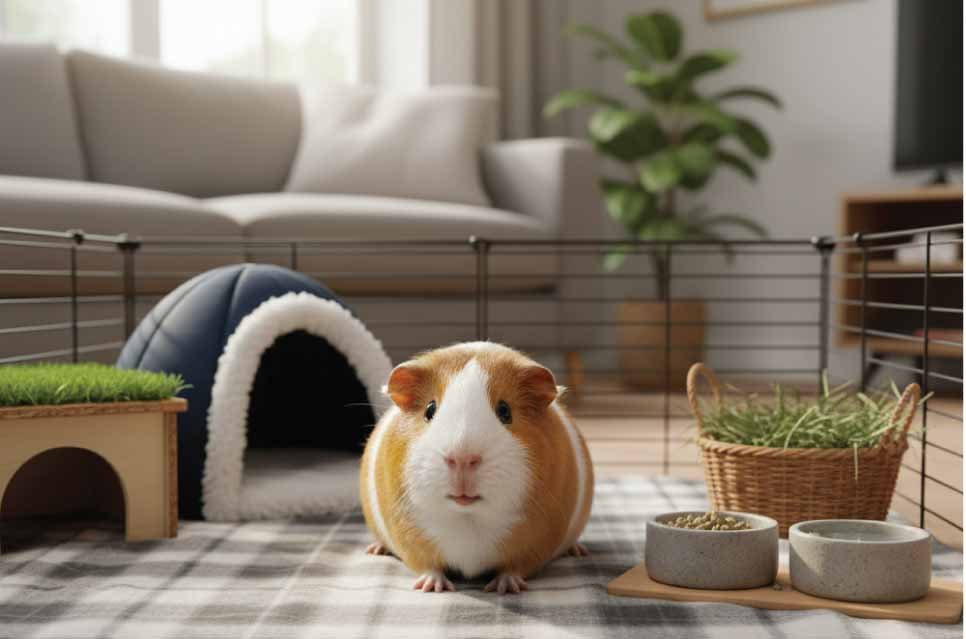photo of a guinea pig enjoying a beautifully decorated cage setup