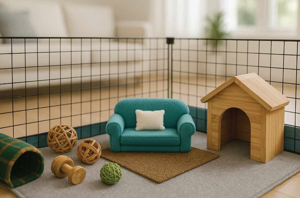 photo of guinea pig cage styled like a tiny cottage living room, with toys, hideout, and fleece mat