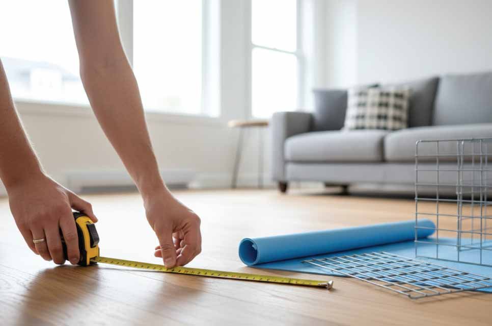 photo of a person using a measuring tape on hardwood floor, planning guinea pig cage space