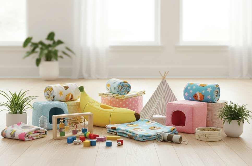 photo of cozy guinea pig lifestyle elements on a hardwood floor in a modern bright living room: fleece bedding, toys, hideouts, and plants arranged aesthetically