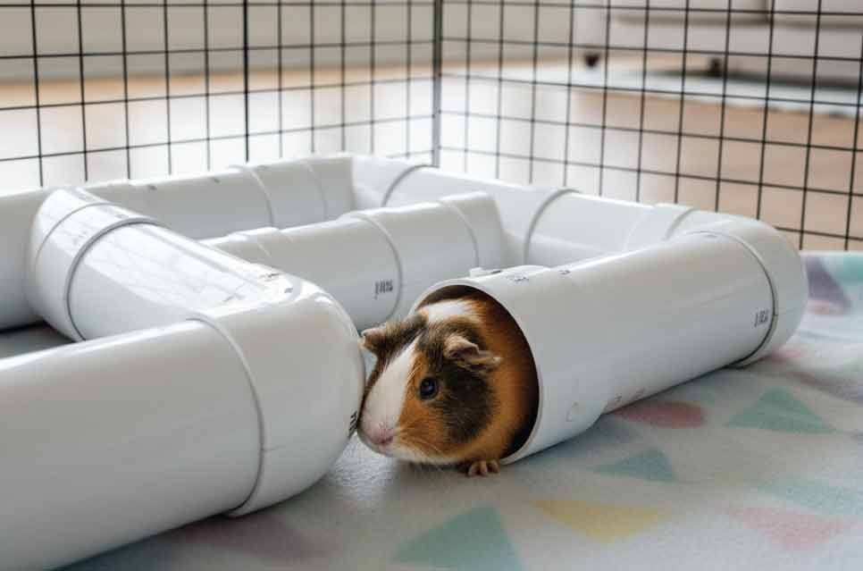 photo of a guinea pig tunnel system made of PVC pipes inside a cage, guinea pig entering one