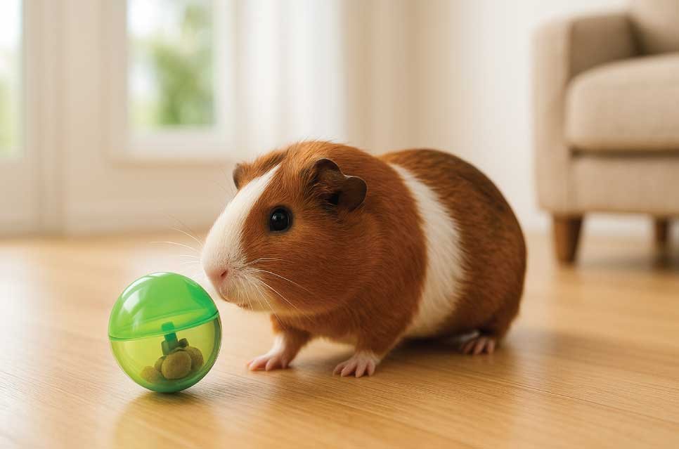 photo of a guinea pig nudging a puzzle feeder ball to get food