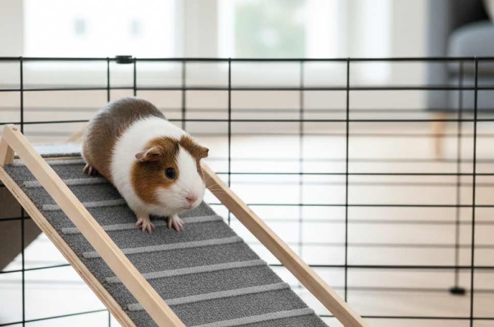 photo of a guinea pig ramp at safe angle with guardrails, shown in cage