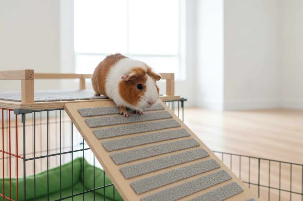 photo close-up of a guinea pig-safe wooden ramp covered with carpet strips for traction inside a cage