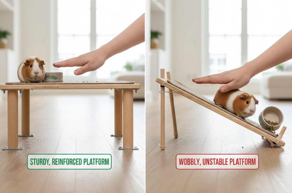 photo comparing sturdy reinforced platform vs. unstable wobbly platform in guinea pig cage