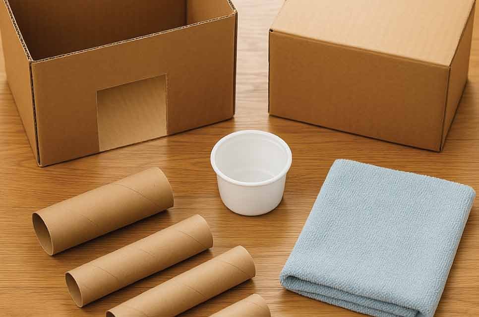 photo flatlay of repurposed household items for guinea pig cage: cardboard boxes, yogurt container, towel, paper tubes