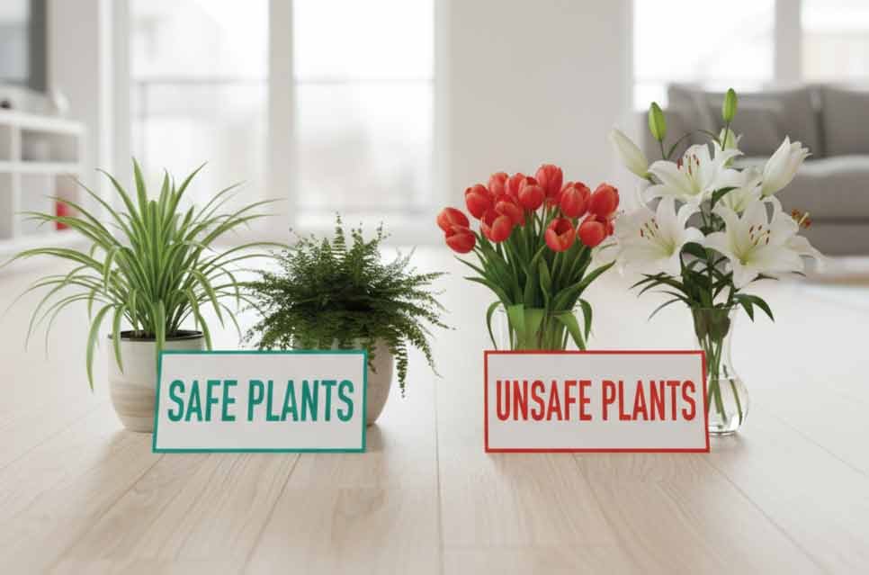 photo flatlay of safe guinea pig plants (spider plant, Boston fern) next to unsafe ones (tulips, lilies)