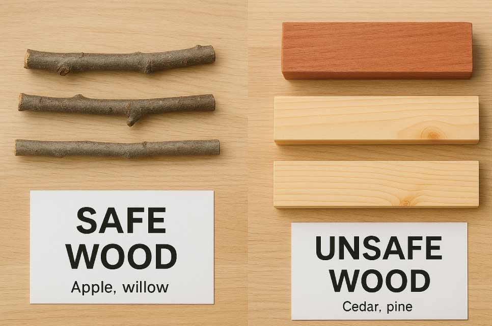 photo of safe guinea pig wood (apple, willow) next to unsafe wood (cedar, pine) labeled clearly