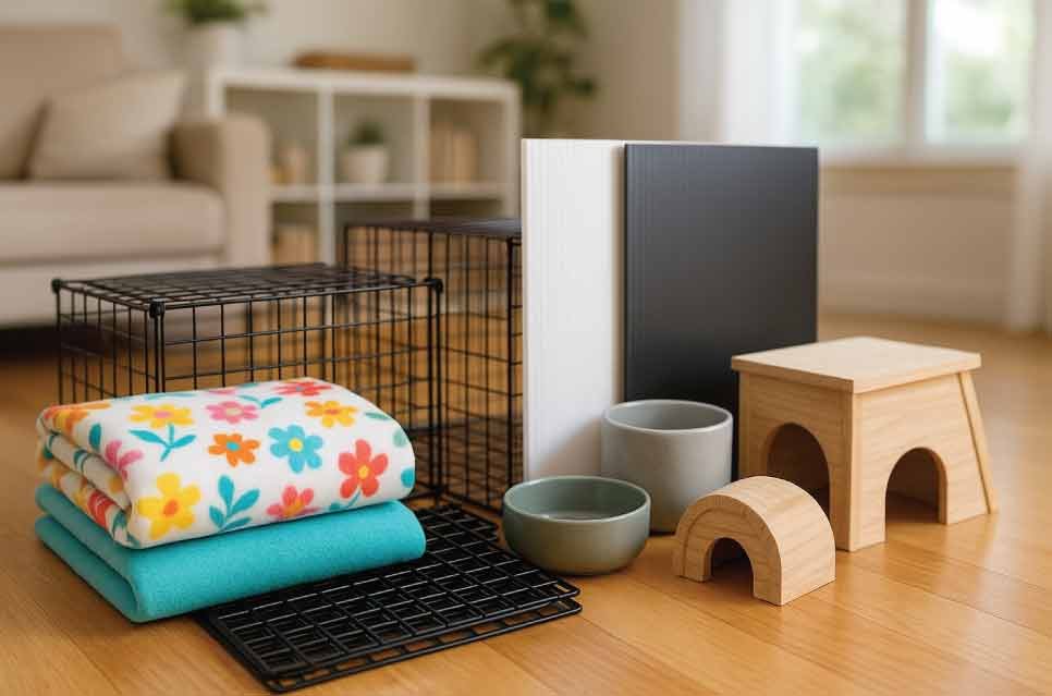 photo of guinea pig cage supplies: fleece fabric, grids, Coroplast sheets, bowls, hideouts