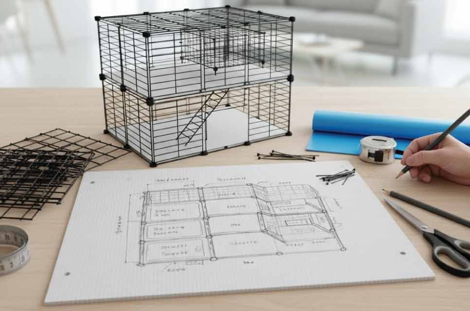 stock photo of hand-drawn sketch plans of a stacked multi-level guinea pig cage on desk