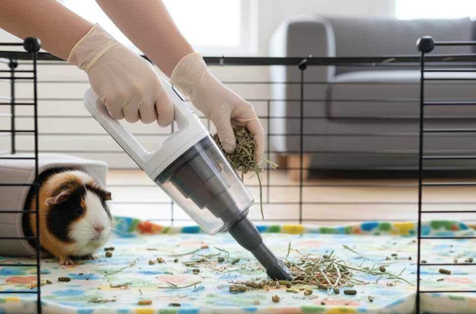 photo of a person spot-cleaning guinea pig cage with small handheld vacuum and gloves