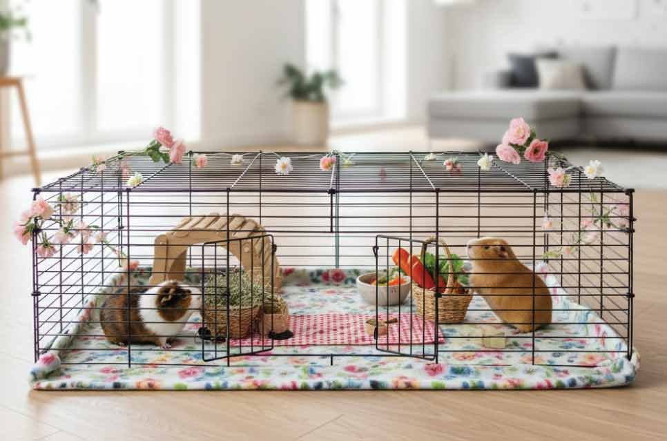 photo of guinea pig cage decorated for spring garden party: floral fleece, artificial flowers, picnic-style mat