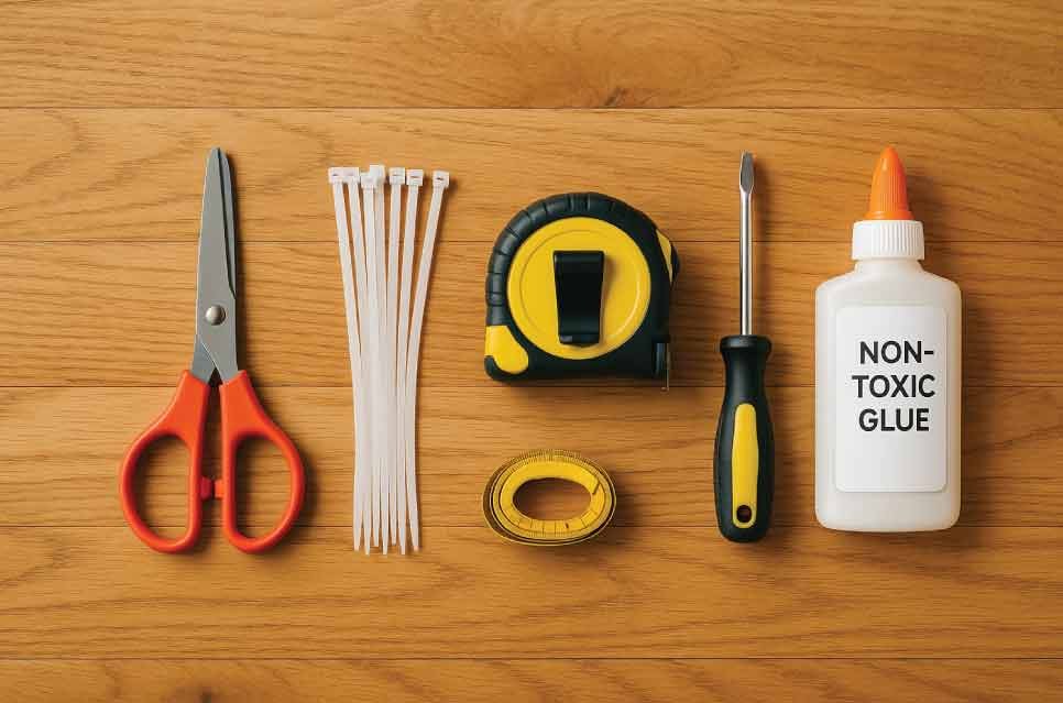photo flatlay of essential guinea pig cage tools: scissors, cable ties, measuring tape, screwdriver, non-toxic glue