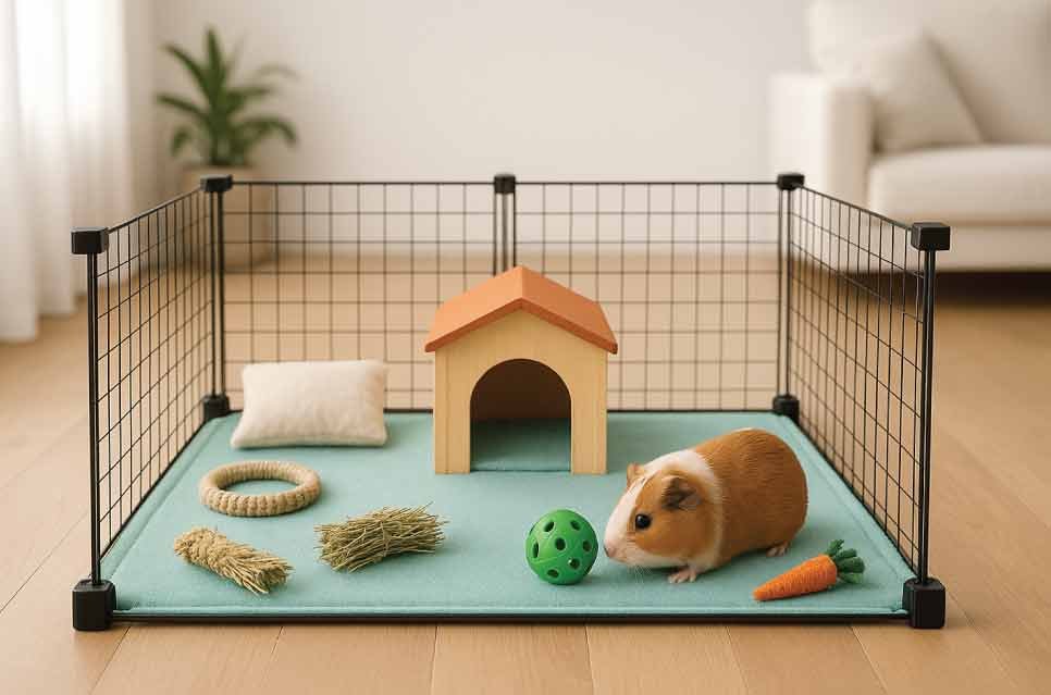 photo of a guinea pig cage with several toys neatly arranged for enrichment, staged as a toy rotation system