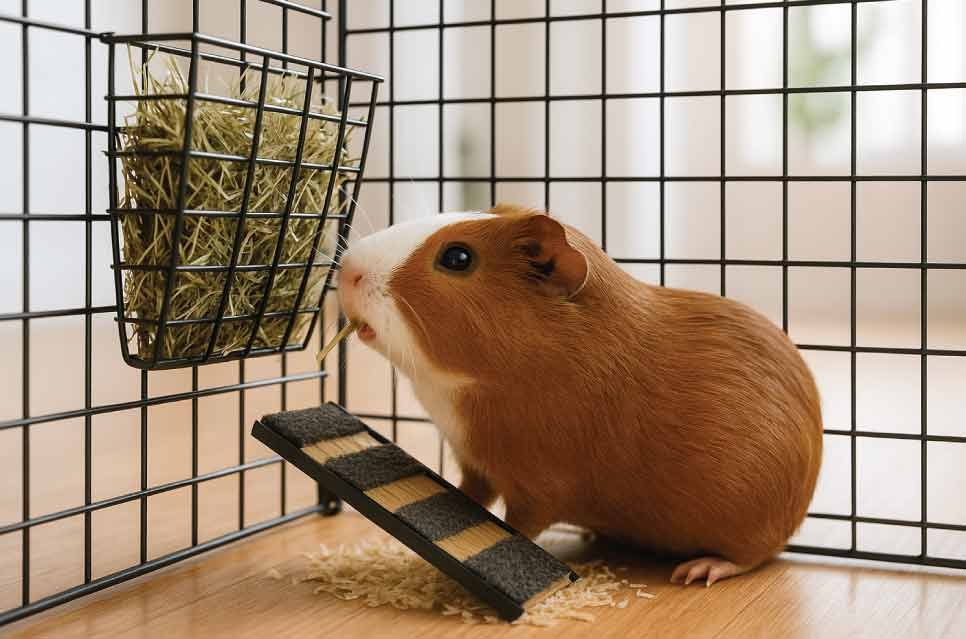 photo close-up of a hay feeder mounted on cage wall, guinea pig eating hay