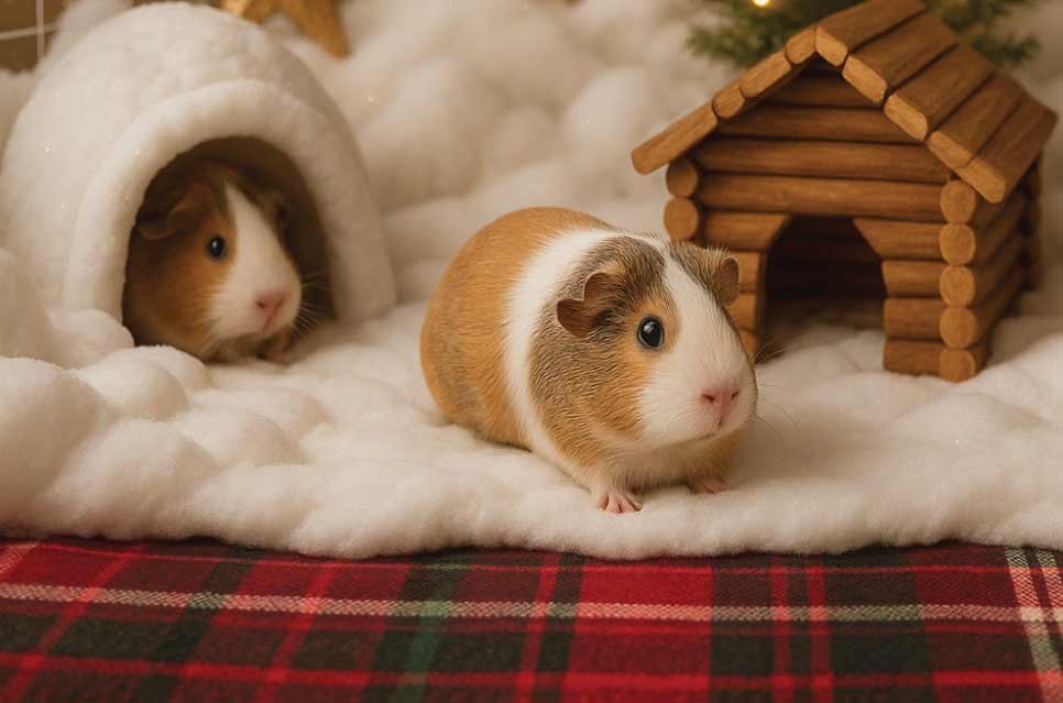 photo of guinea pig cage styled as cozy cabin: plaid fleece bedding, wood hideout