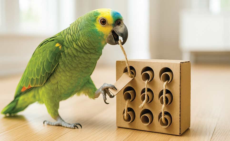 Happy-Parrot-Playing-with-DIY-Toy