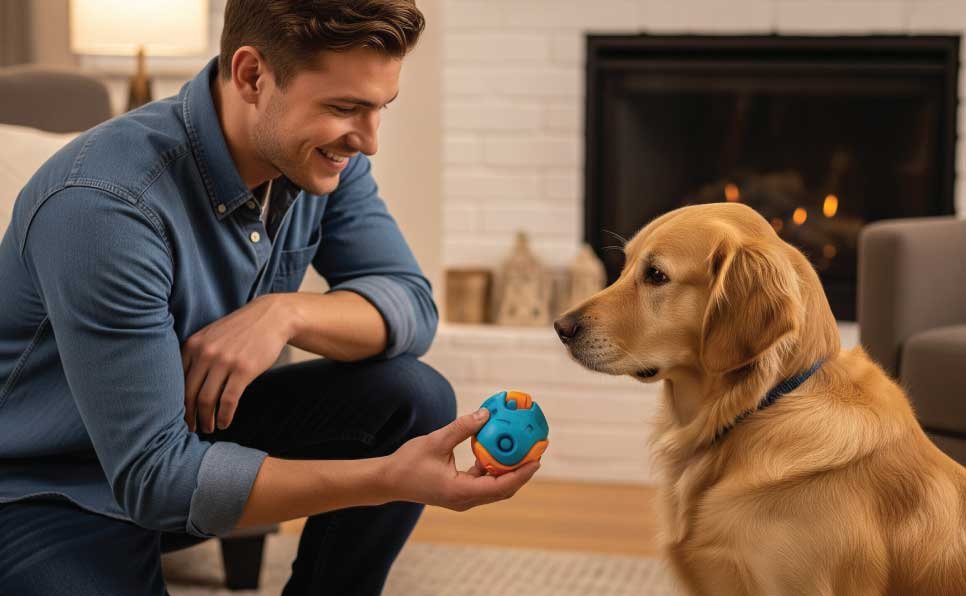 dog-owner-kneeling-beside-a-smart-looking-dog