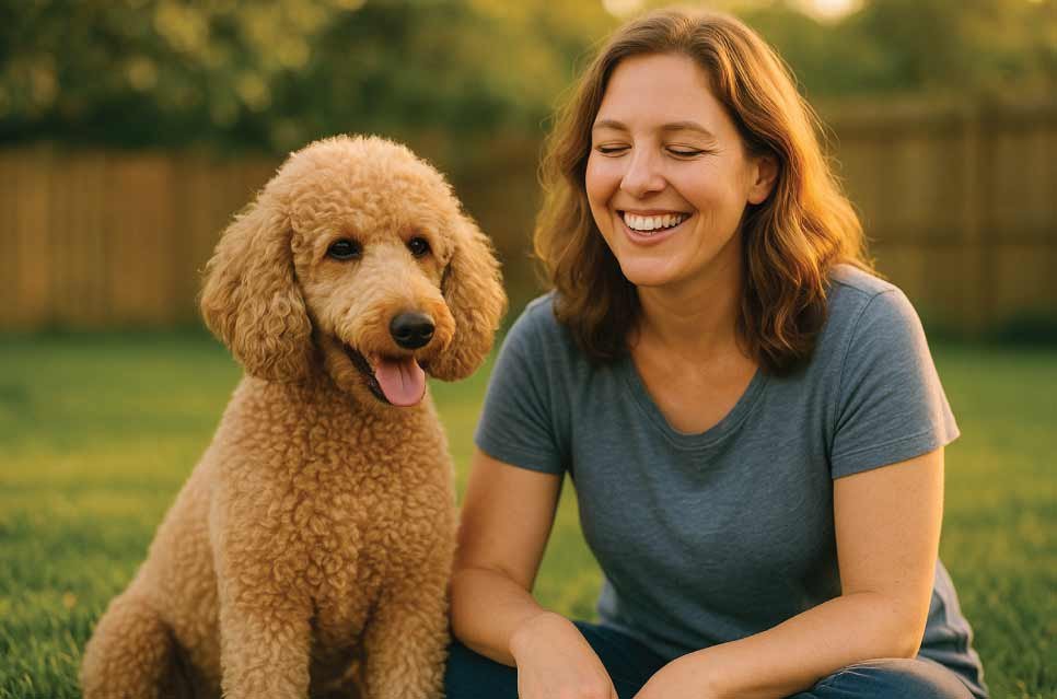 Smiling owner sitting with their happy dog in the backyard at sunset.