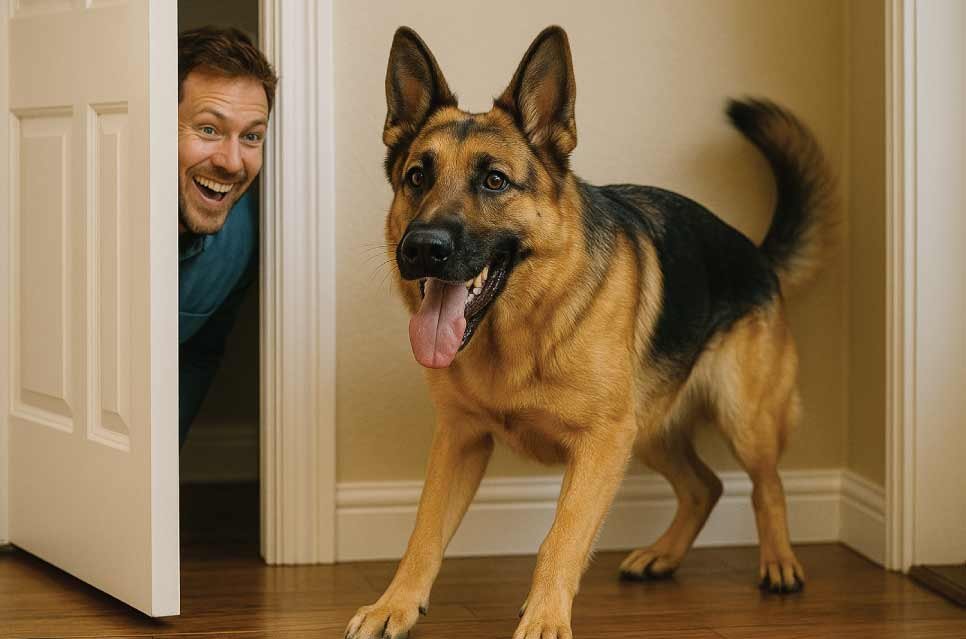 Excited dog finding its owner hiding behind a door during play.