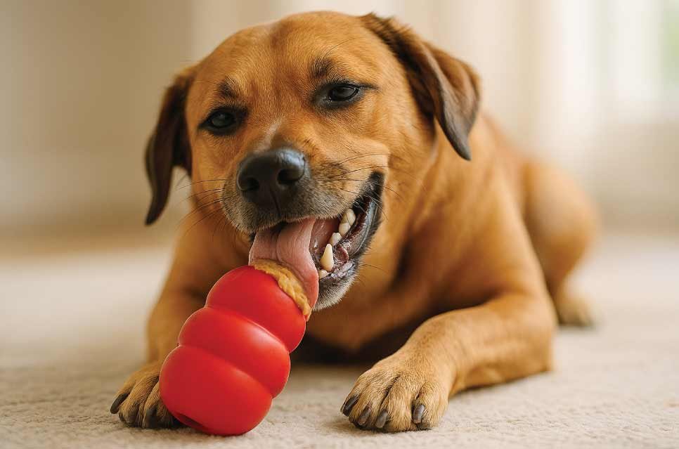 Dog playing with a Kong toy stuffed with treats for mental stimulation.