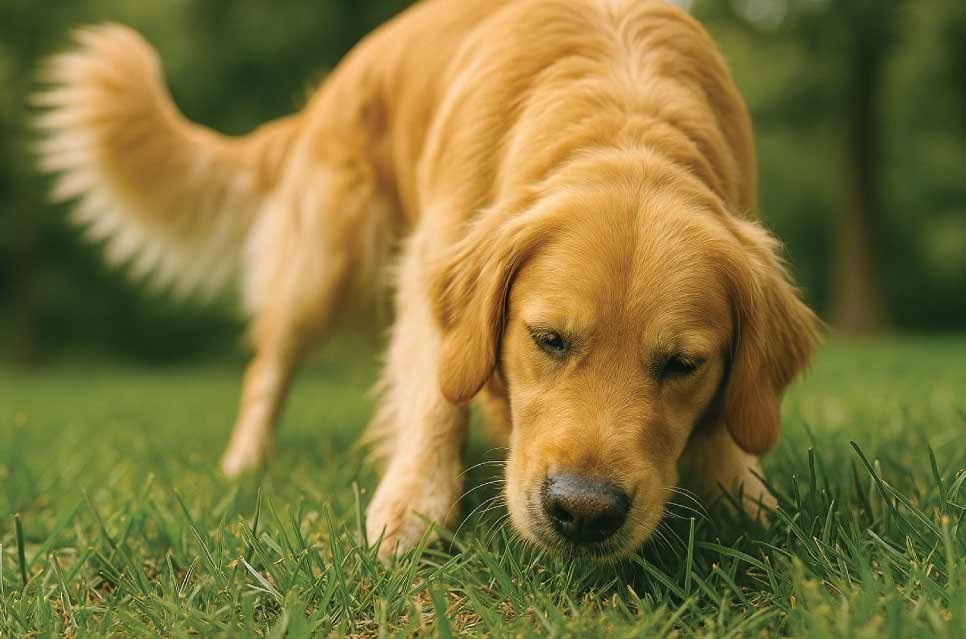 Dog sniffing in the grass while searching for hidden kibble.
