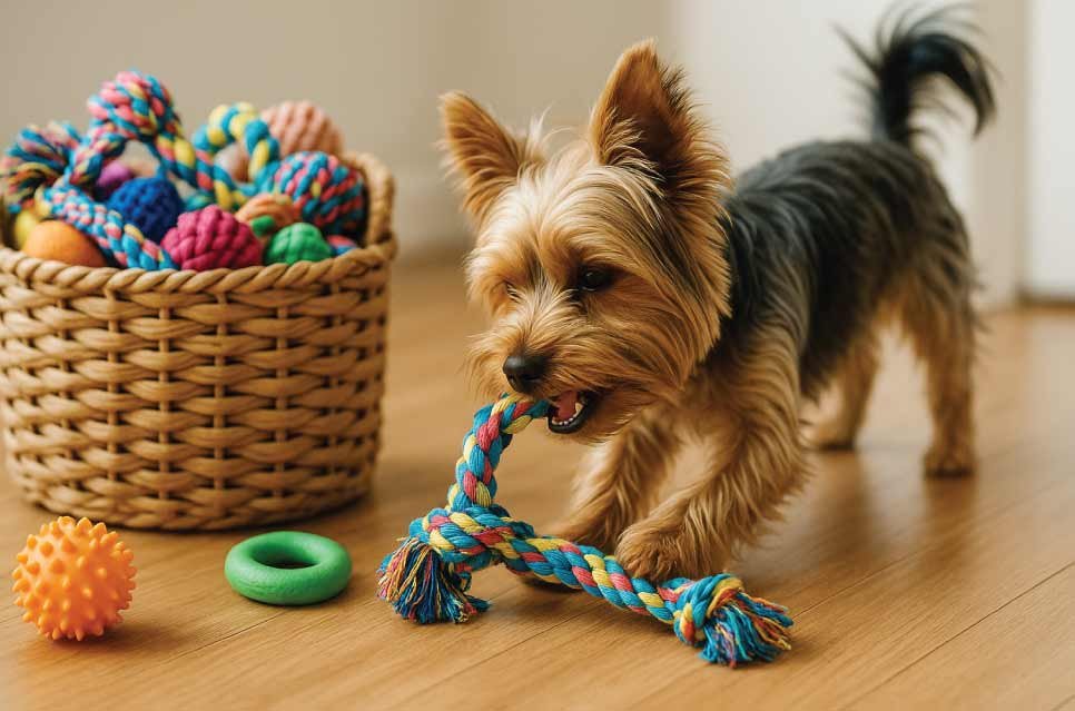 Dog happily playing with one toy while a basket of other toys sits nearby.