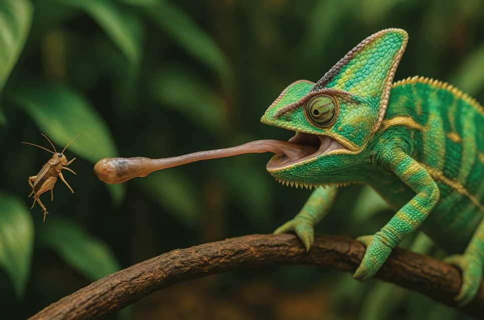 A veiled chameleon shooting its tongue to catch a cricket.