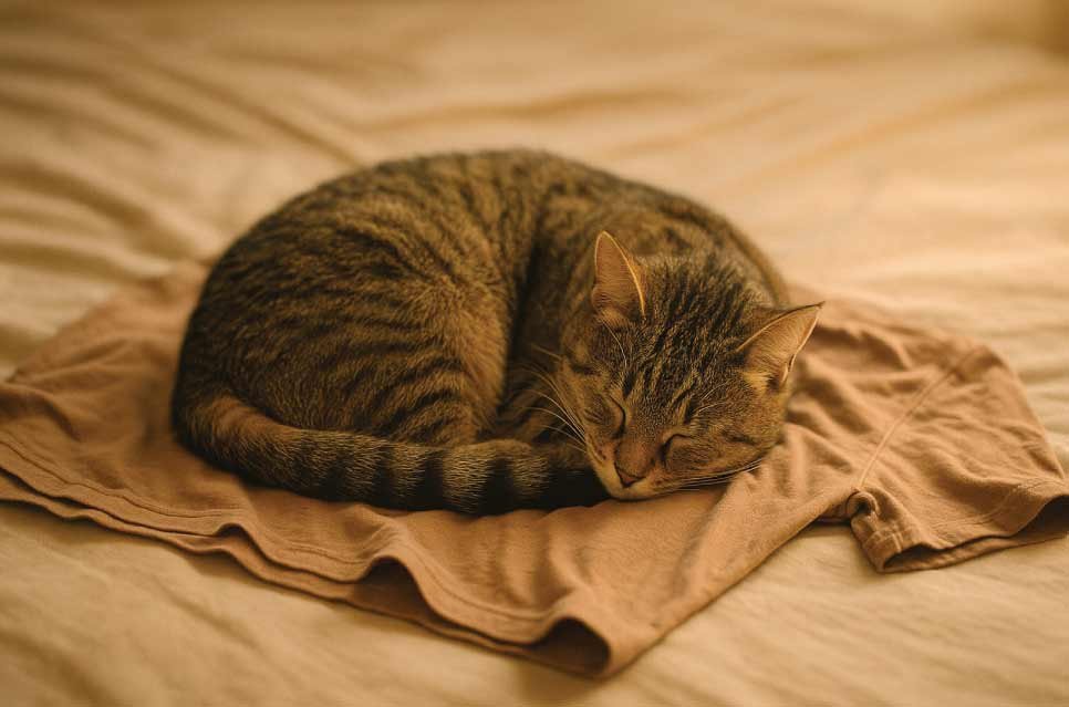 photo of a cat curled up on a human T-shirt on a bed