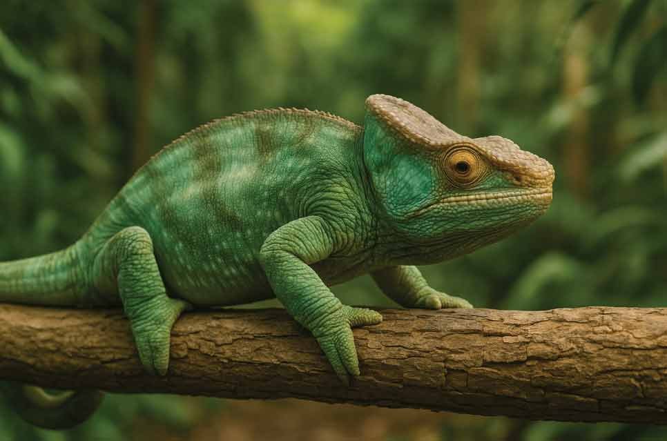 A Parson’s chameleon (large and robust) sitting calmly on a thick branch, showing its size.