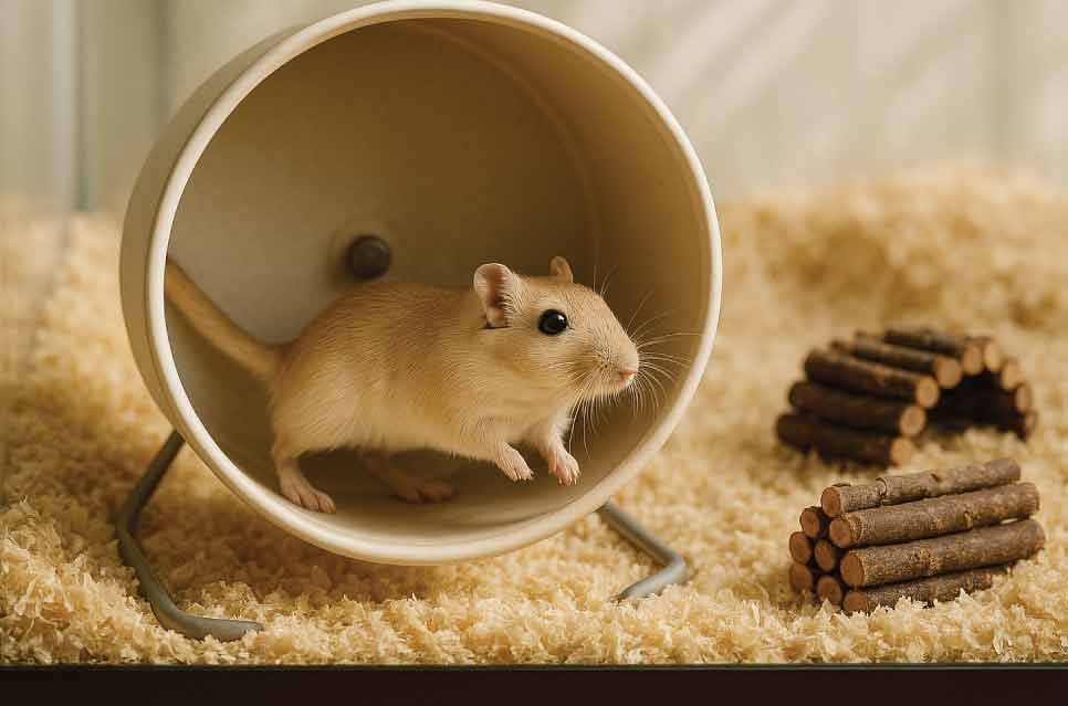 gerbil using a solid exercise wheel inside a glass enclosure