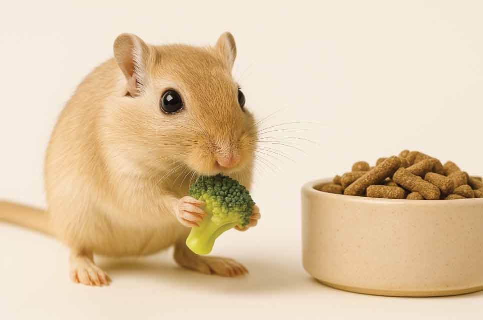 Mongolian gerbil eating a small piece of broccoli next to a ceramic food dish filled with pelleted gerbil food