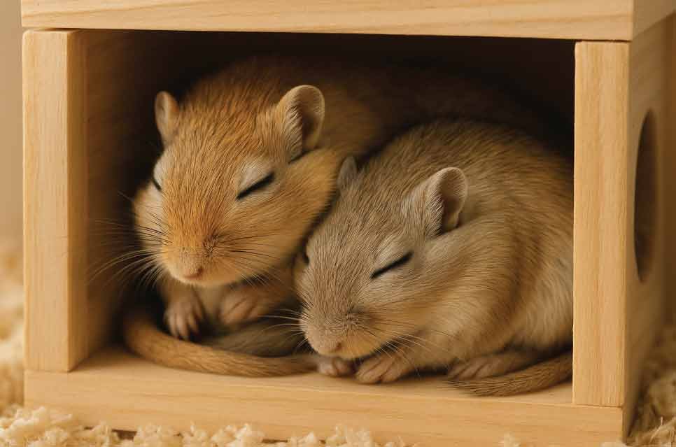 two gerbils curled up sleeping together in a wooden nest box