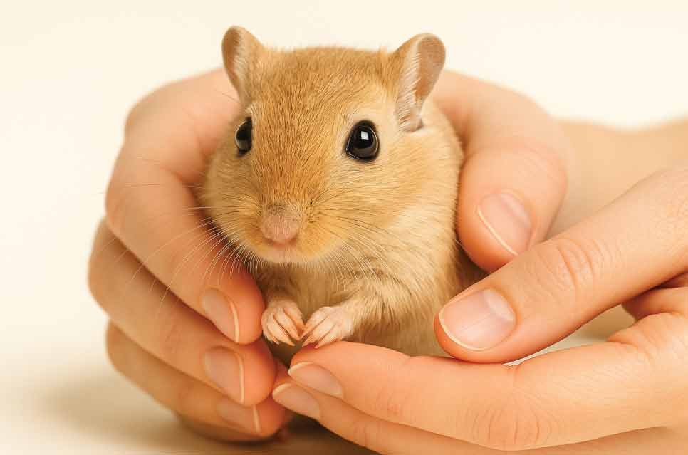 gerbil being gently held by a pair of hands for a health check