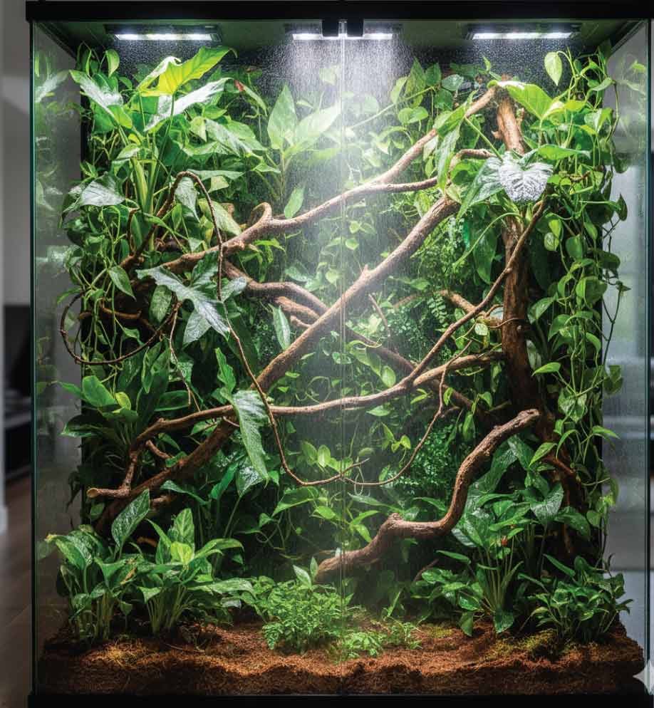 A tall, well-planted bioactive chameleon enclosure with vines, plants, and misting system.