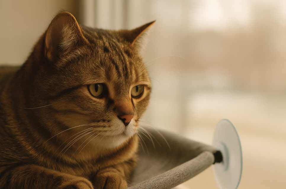 a cozy, modern home with a relaxed cat gazing at the door or lounging near a window.