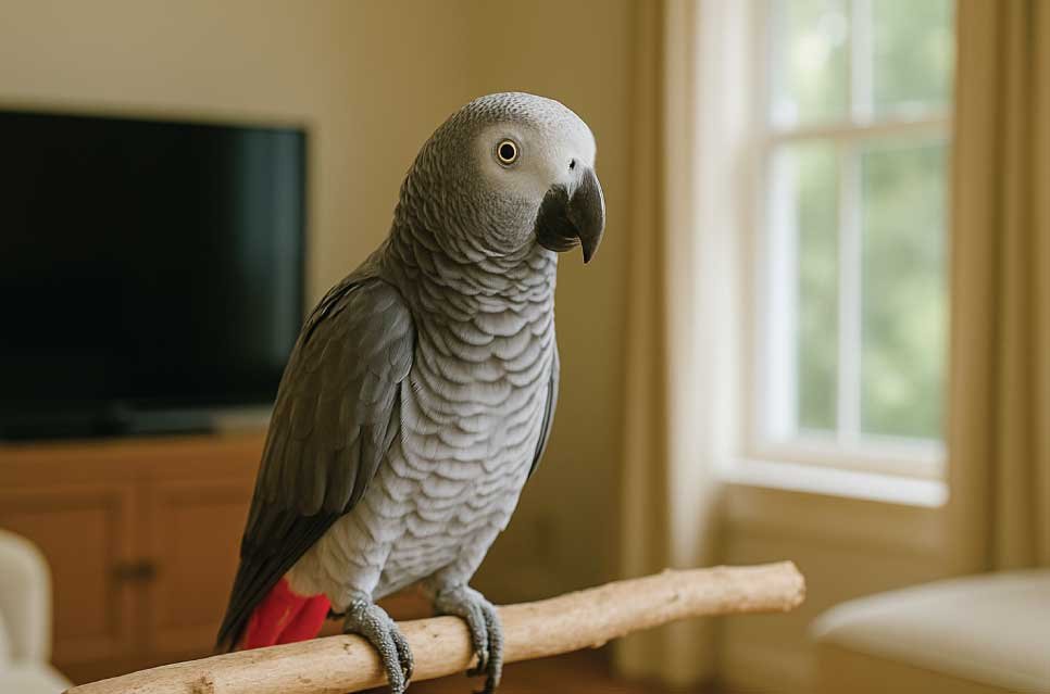 parrot standing on a perch in a bright family room, TV off, soft daylight entering through a window