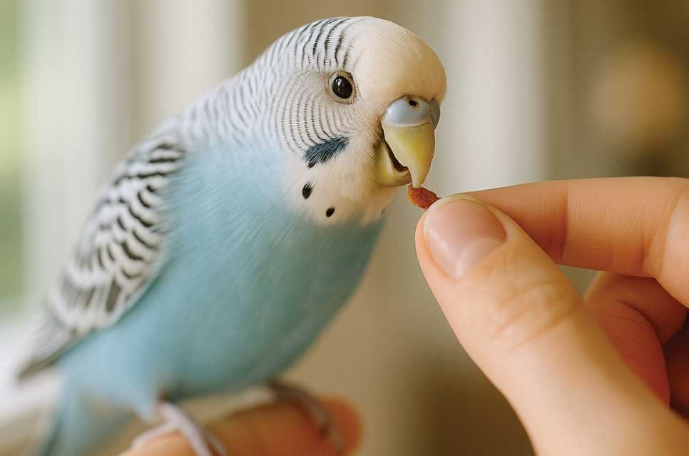 small budgie gently taking a treat from a personโs fingers