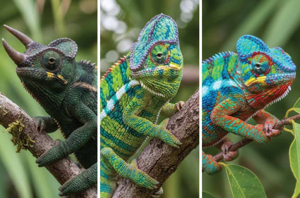 A collage-style photo of three popular species (Jackson’s with horns, Veiled, and Panther with bright colors).