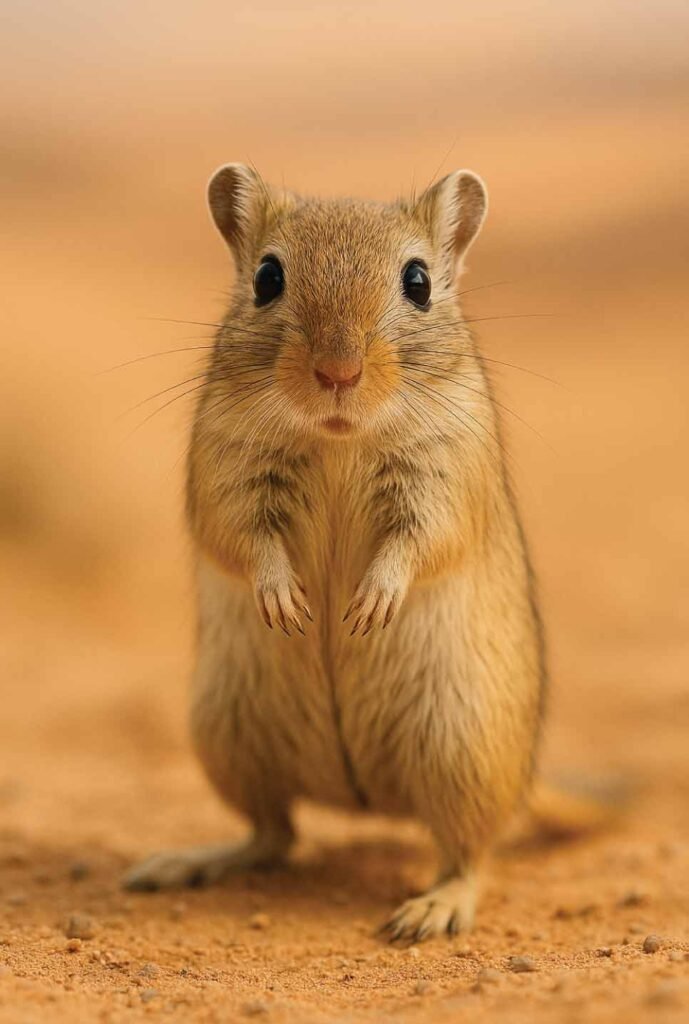 Mongolian gerbil standing on its hind legs with a curious expression